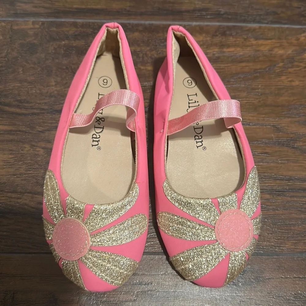 Lily & Dan Little Girls Pink Glitter Flower Ballet Flats Dress Shoes Size 9